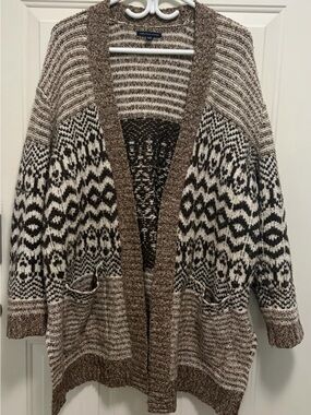 American Eagle Sweater Womens XS Open Front Cardigan Long Fair Isle Brown Nordic